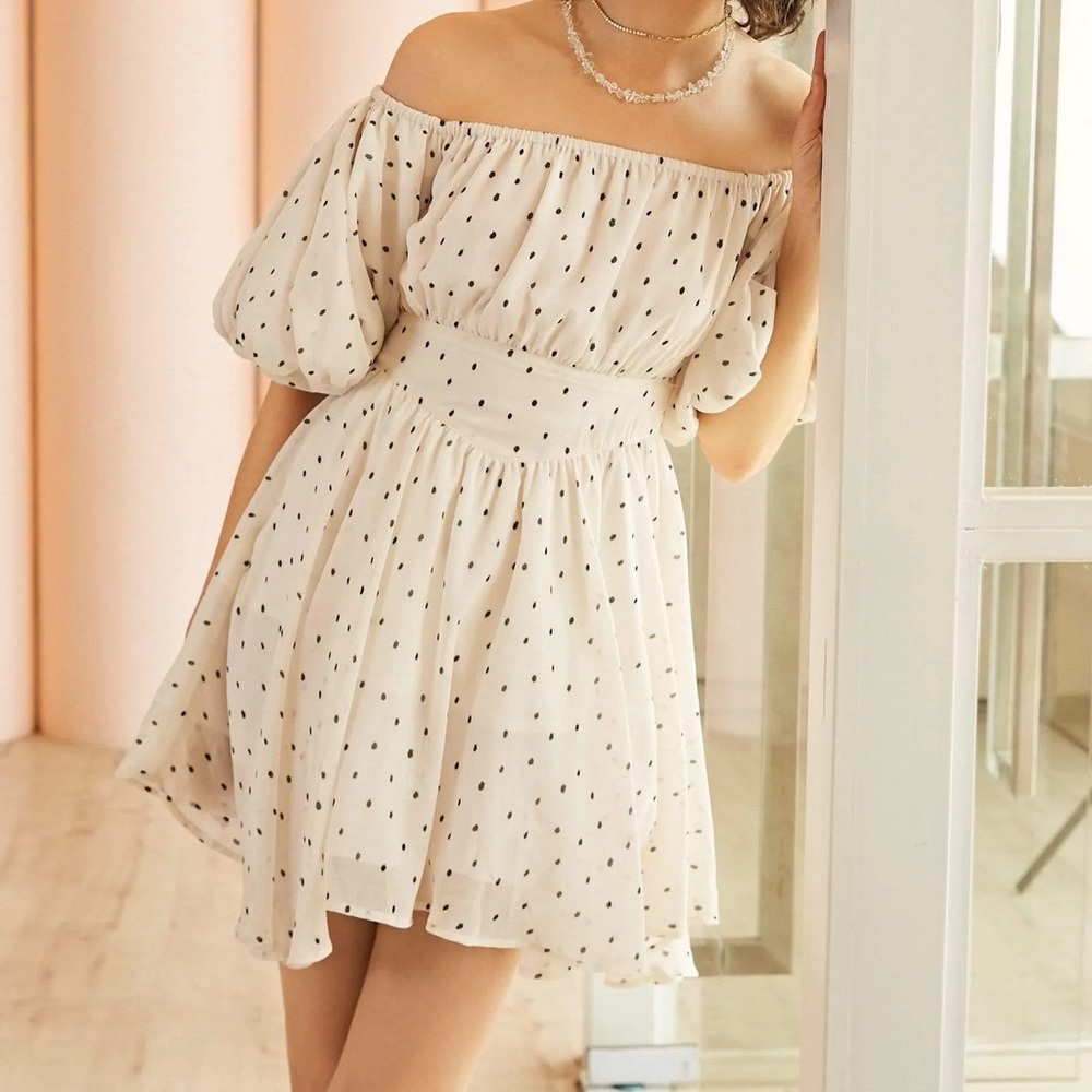 Off the shoulder polka dot mini dress